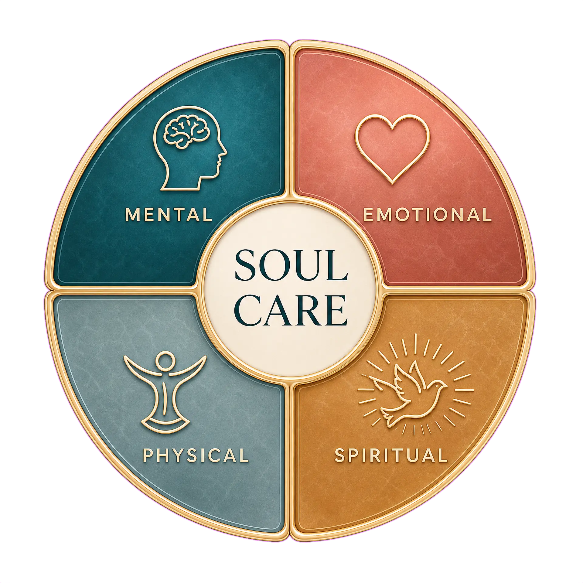 Soul CARE ecosystem wheel with four quadrants: mental, emotional, physical, and spiritual wellness